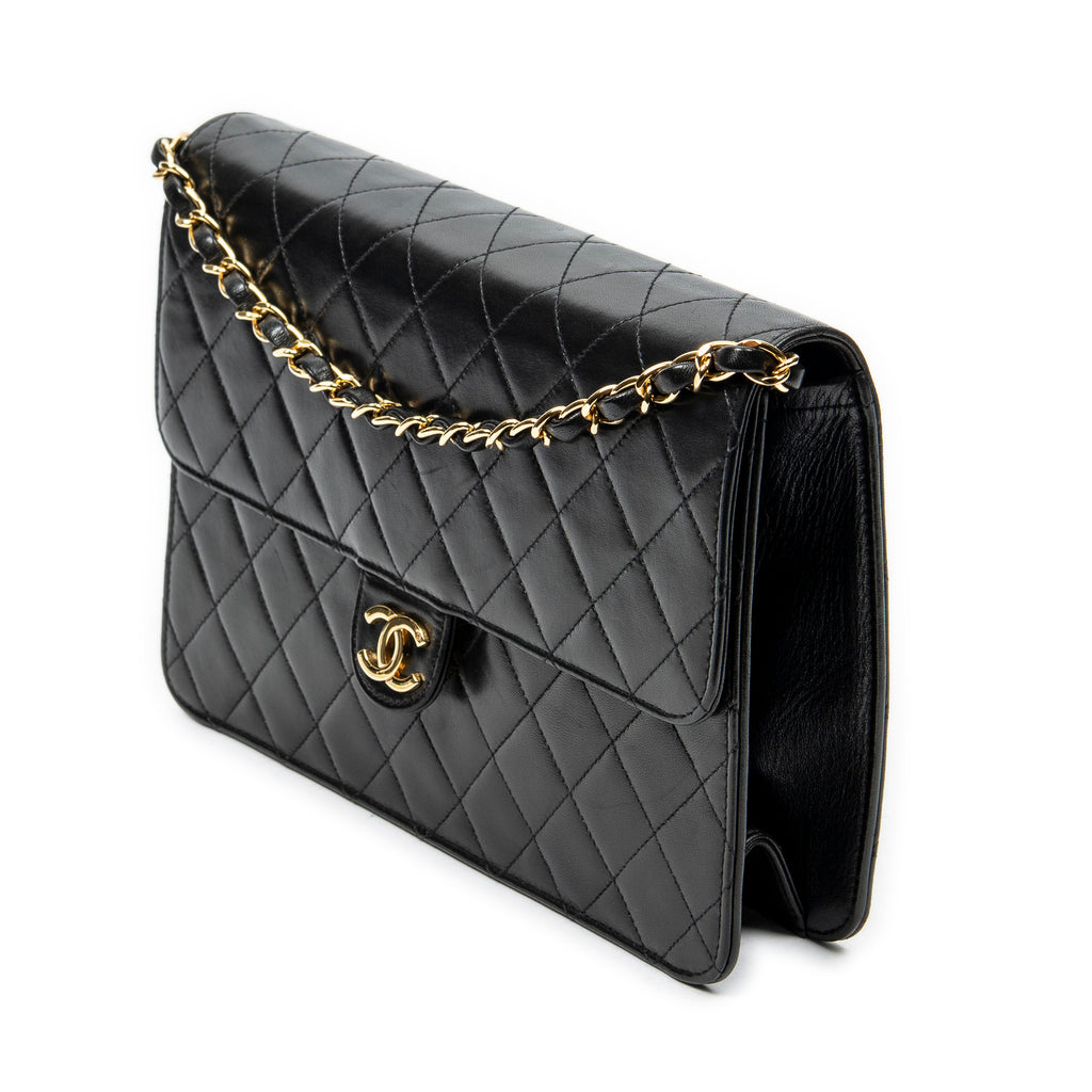Shoulder Bag Vintage Push Lock Straight Flap Black Quilted Lambskin Leather