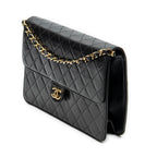 Shoulder Bag Vintage Push Lock Straight Flap Black Quilted Lambskin Leather