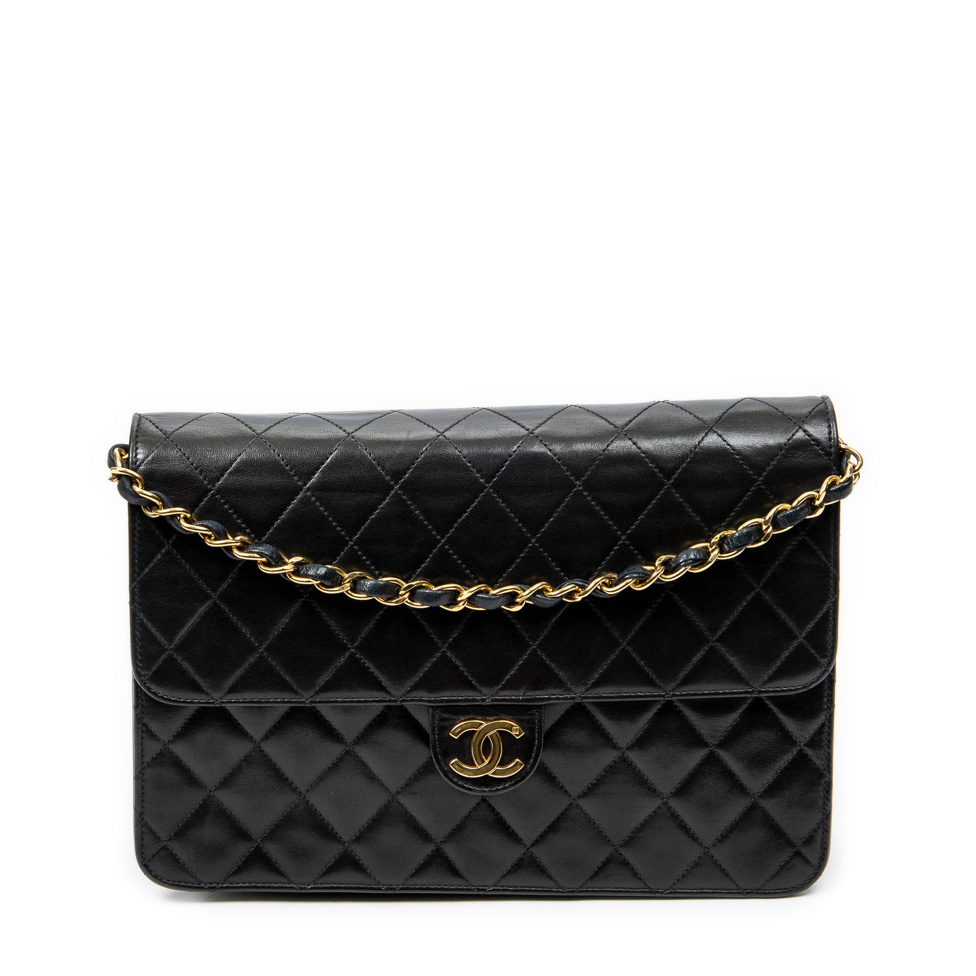 Bolso de Hombro Vintage Cierre de Empuje Solapa Recta Piel de Cordero Acolchada Negra