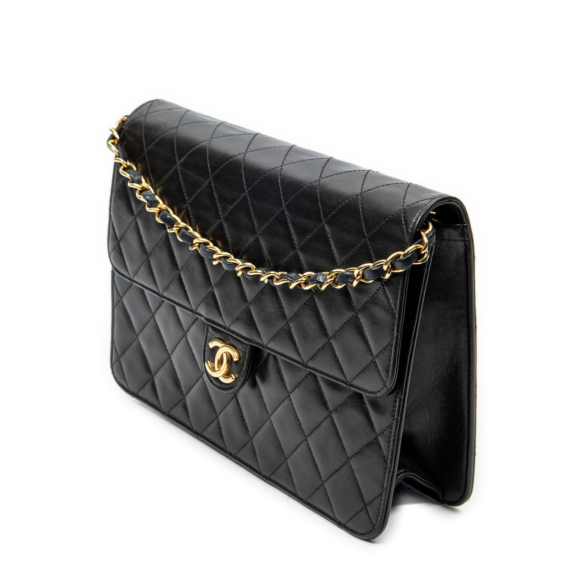 Bolso de Hombro Vintage Cierre de Empuje Solapa Recta Piel de Cordero Acolchada Negra