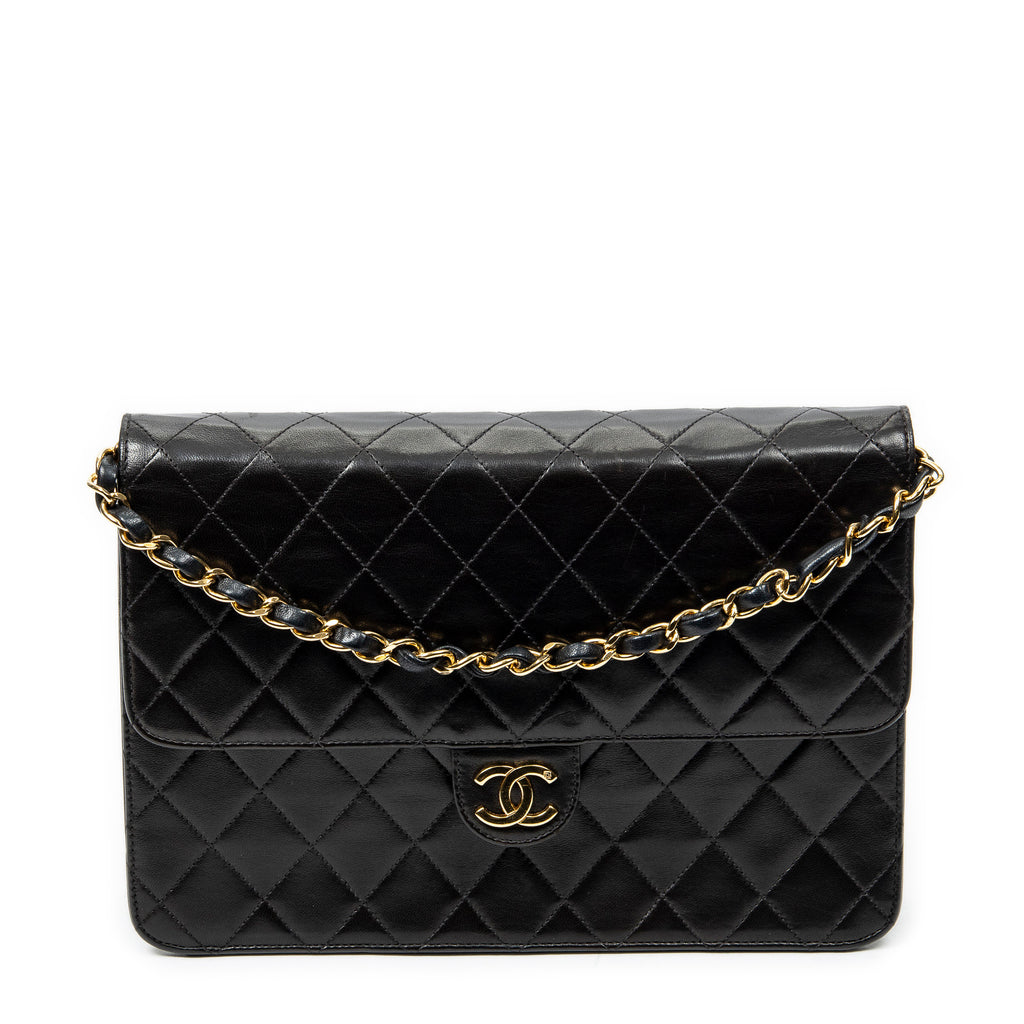 Bolso de Hombro Vintage Cierre de Empuje Solapa Recta Piel de Cordero Acolchada Negra