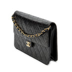 Bolso de Hombro Vintage Cierre de Empuje Solapa Recta Piel de Cordero Acolchada Negra