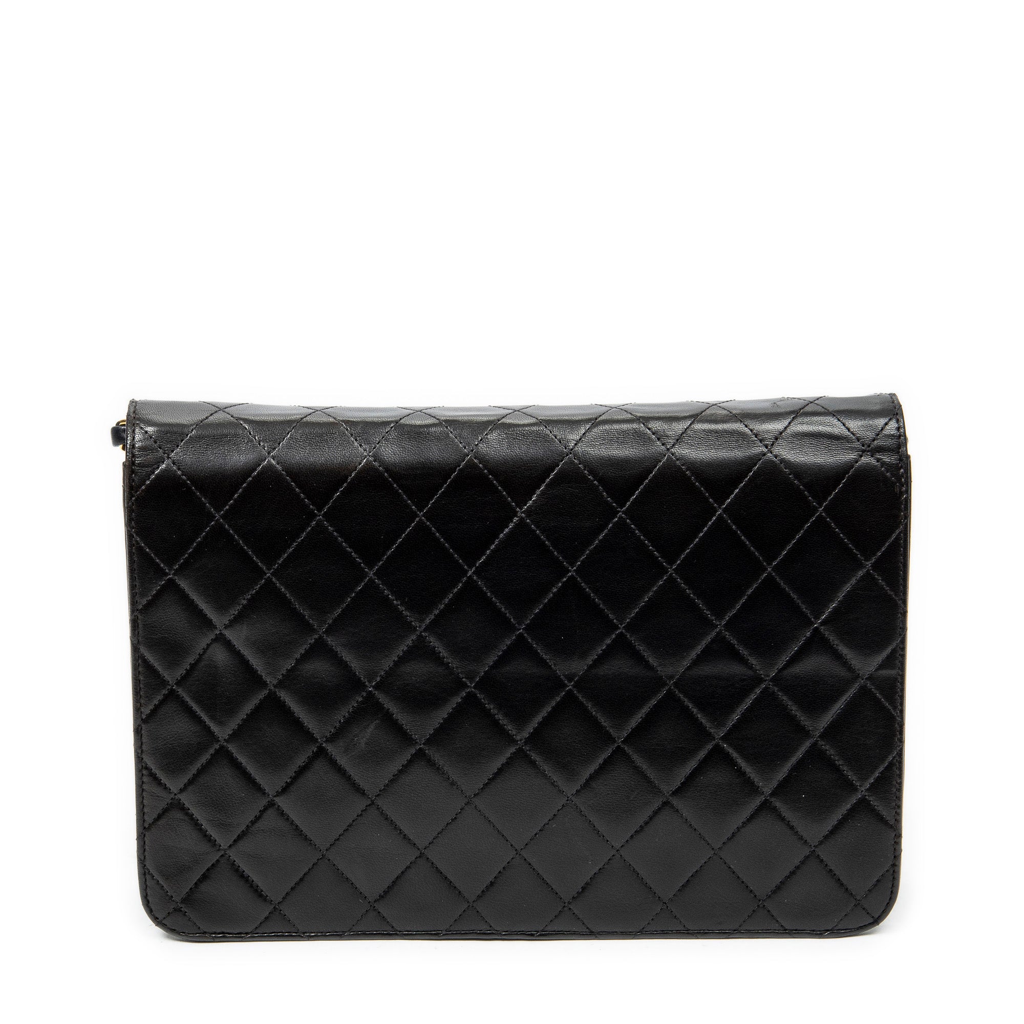 Bolso de Hombro Vintage Cierre de Empuje Solapa Recta Piel de Cordero Acolchada Negra