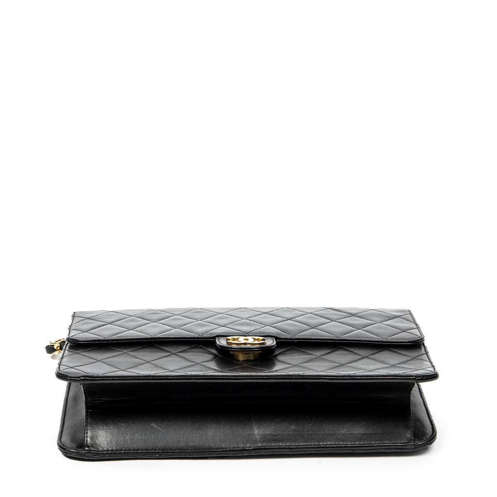 Bolso de Hombro Vintage Cierre de Empuje Solapa Recta Piel de Cordero Acolchada Negra