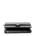 Bolso de Hombro Vintage Cierre de Empuje Solapa Recta Piel de Cordero Acolchada Negra