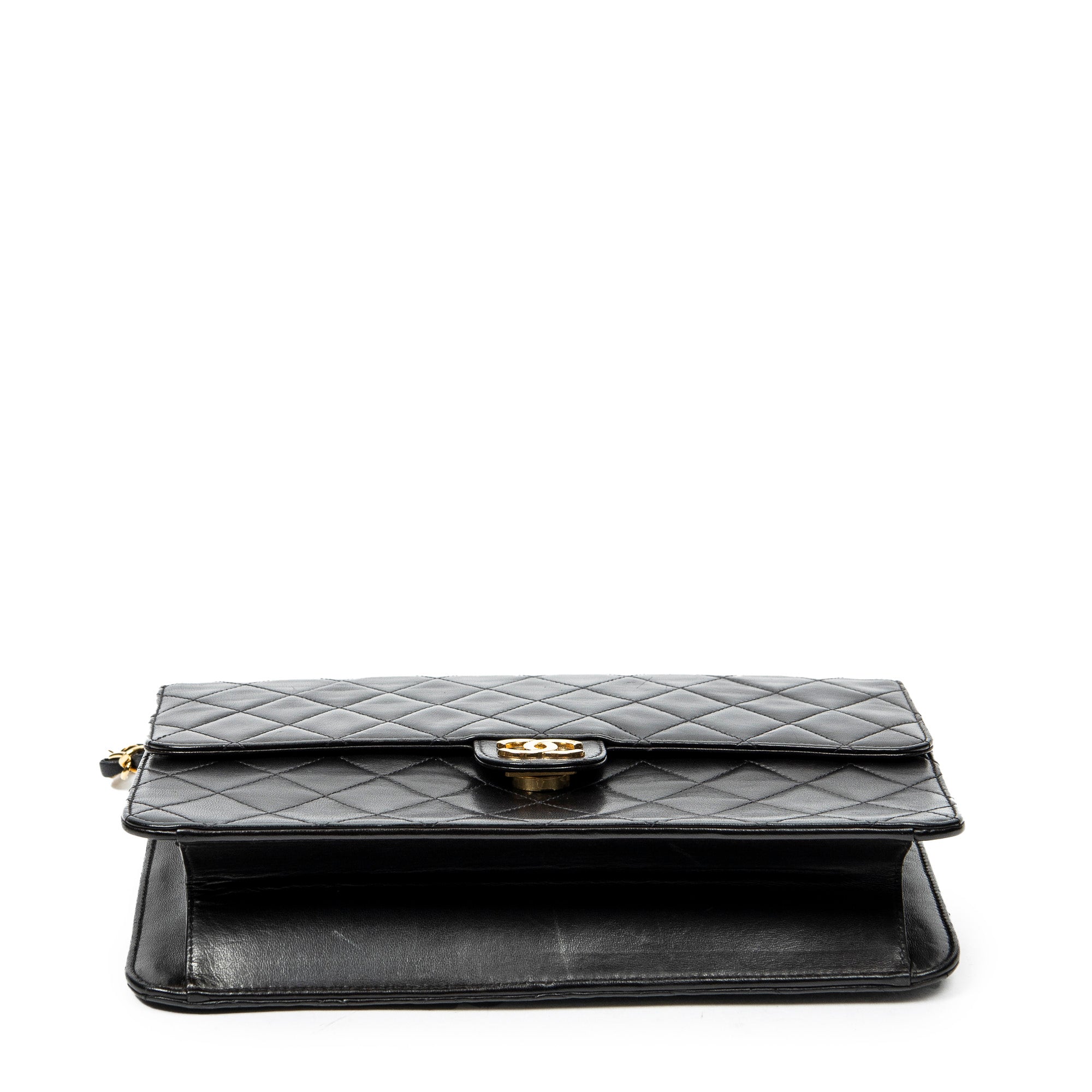 Bolso de Hombro Vintage Cierre de Empuje Solapa Recta Piel de Cordero Acolchada Negra