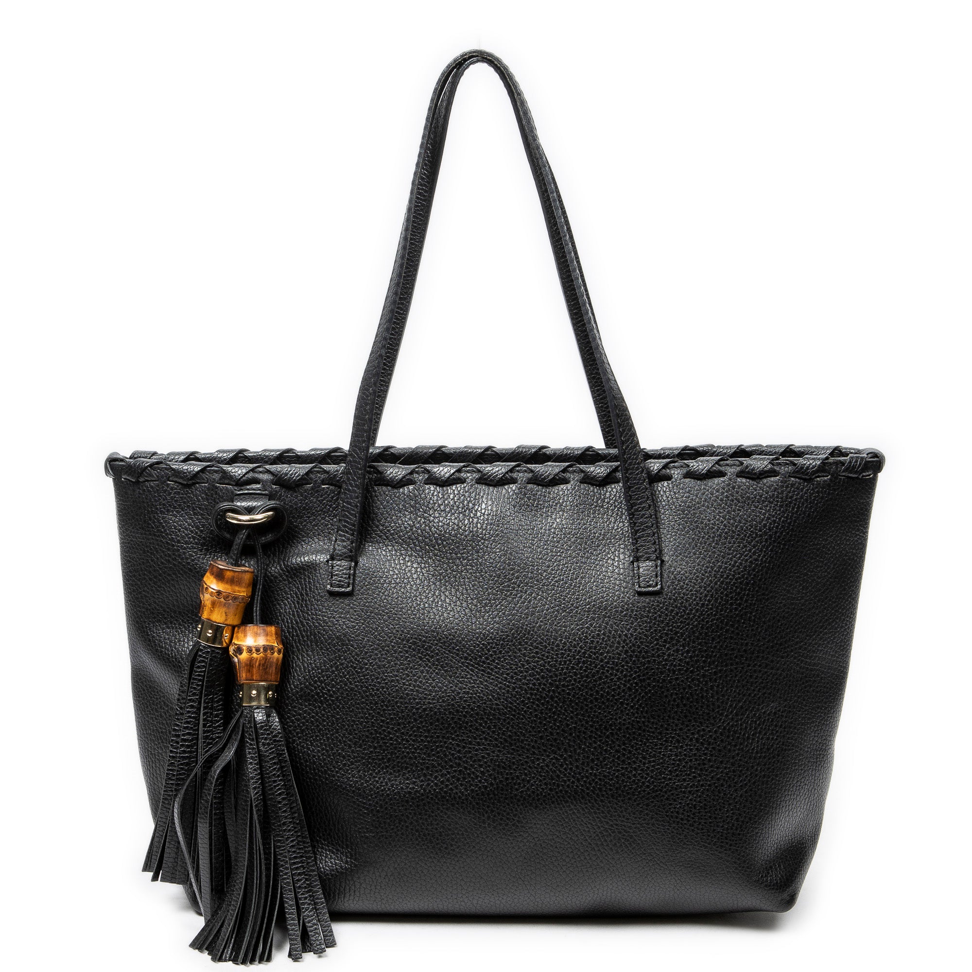 Shoulder Bag Bamboo Tassel Shopping Tote Black Grained Calfskin Leather