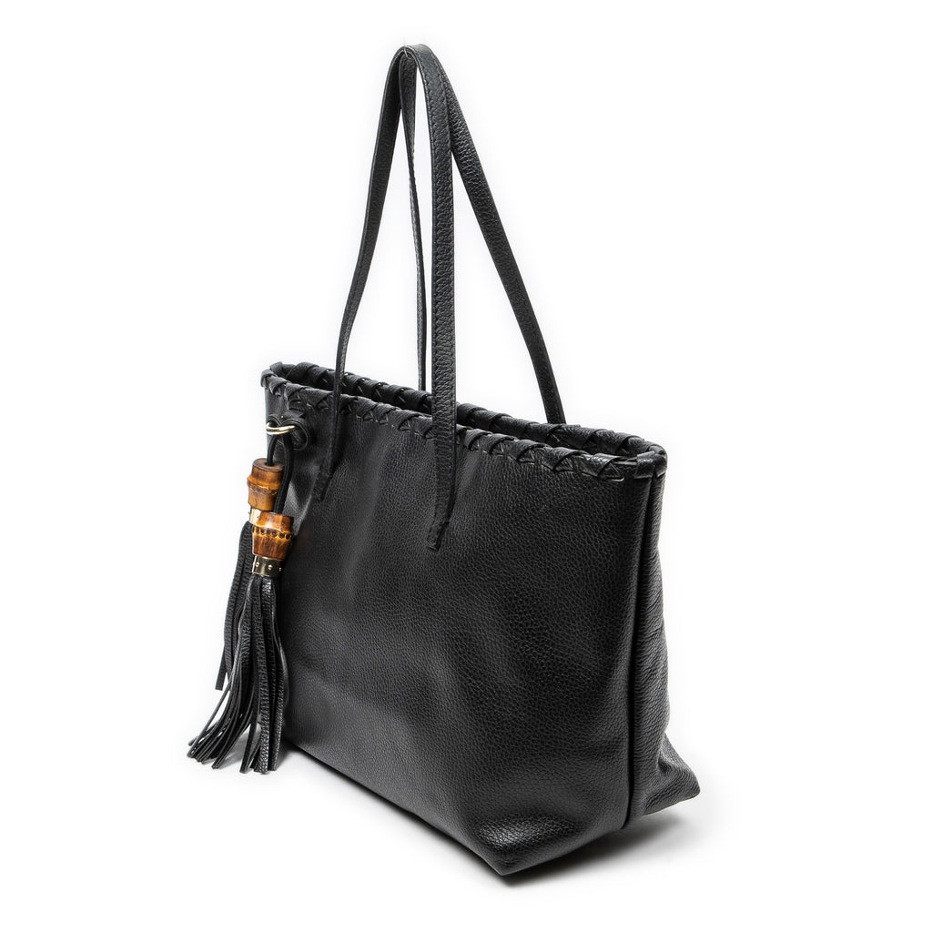 Shoulder Bag Bamboo Tassel Shopping Tote Black Grained Calfskin Leather