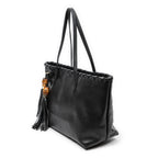Shoulder Bag Bamboo Tassel Shopping Tote Black Grained Calfskin Leather
