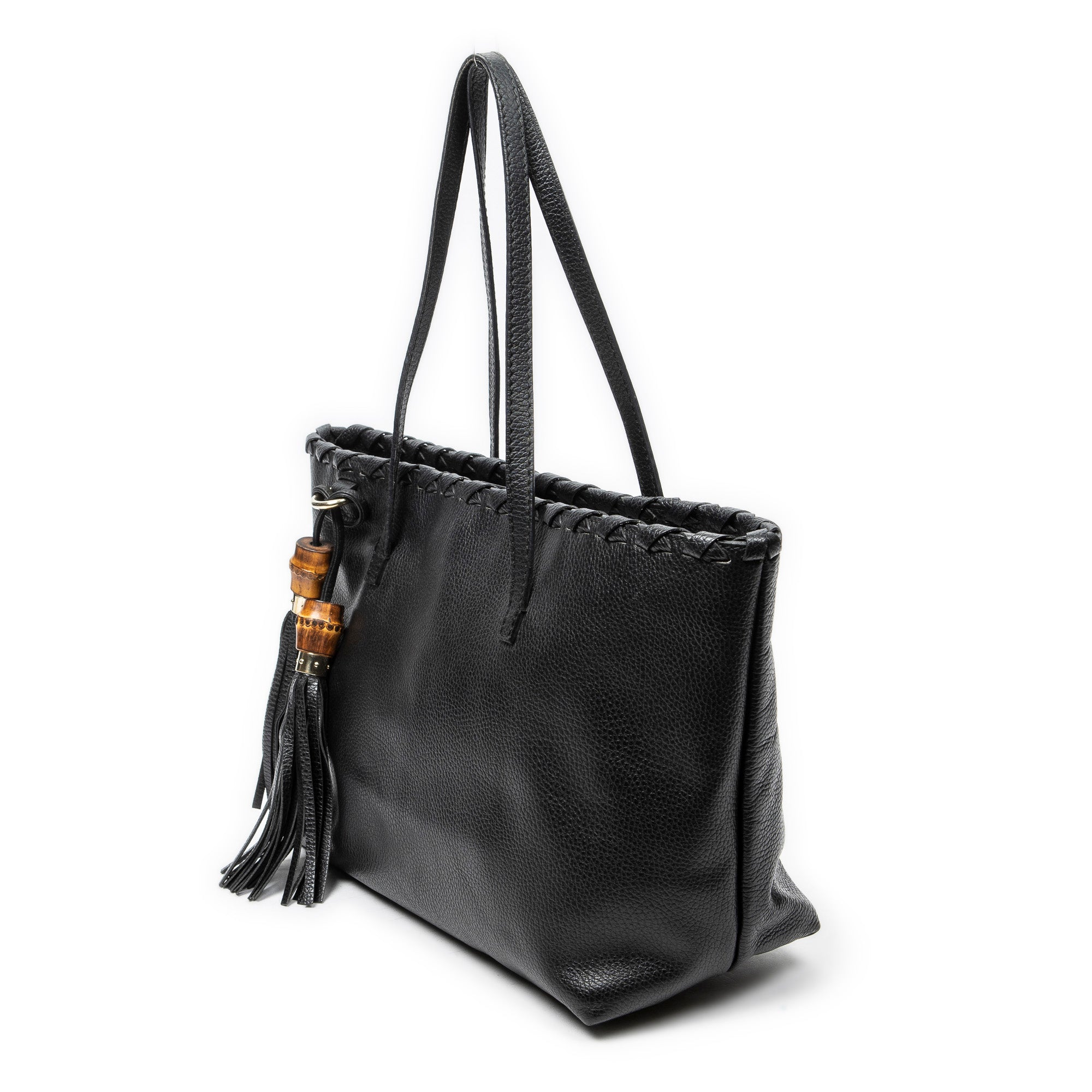 Shoulder Bag Bamboo Tassel Shopping Tote Black Grained Calfskin Leather