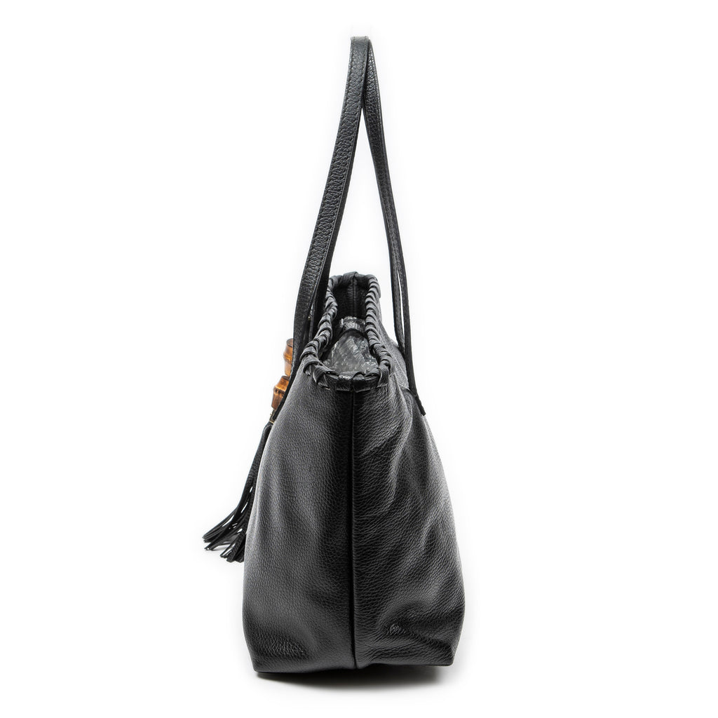 Shoulder Bag Bamboo Tassel Shopping Tote Black Grained Calfskin Leather
