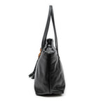 Shoulder Bag Bamboo Tassel Shopping Tote Black Grained Calfskin Leather