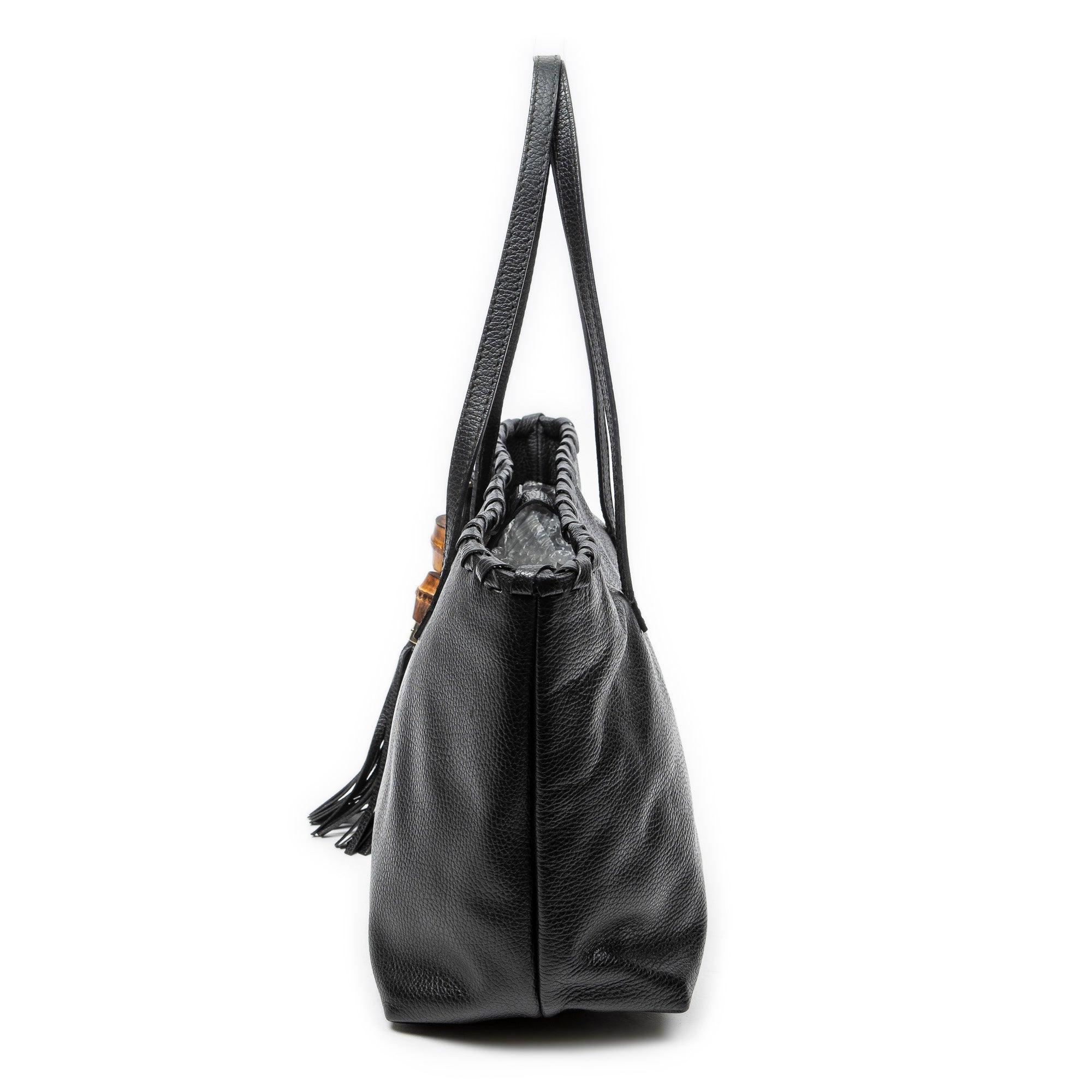Shoulder Bag Bamboo Tassel Shopping Tote Black Grained Calfskin Leather