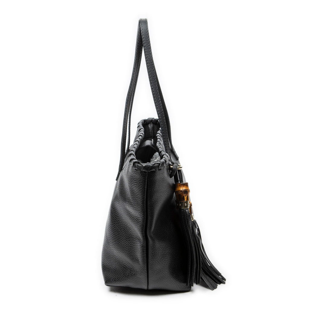 Shoulder Bag Bamboo Tassel Shopping Tote Black Grained Calfskin Leather