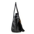 Shoulder Bag Bamboo Tassel Shopping Tote Black Grained Calfskin Leather