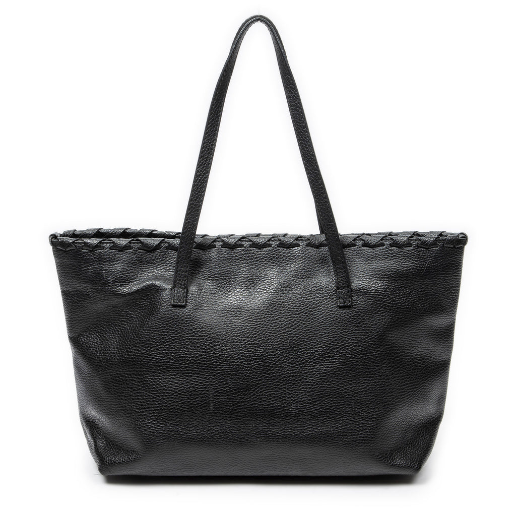 Shoulder Bag Bamboo Tassel Shopping Tote Black Grained Calfskin Leather