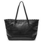 Shoulder Bag Bamboo Tassel Shopping Tote Black Grained Calfskin Leather