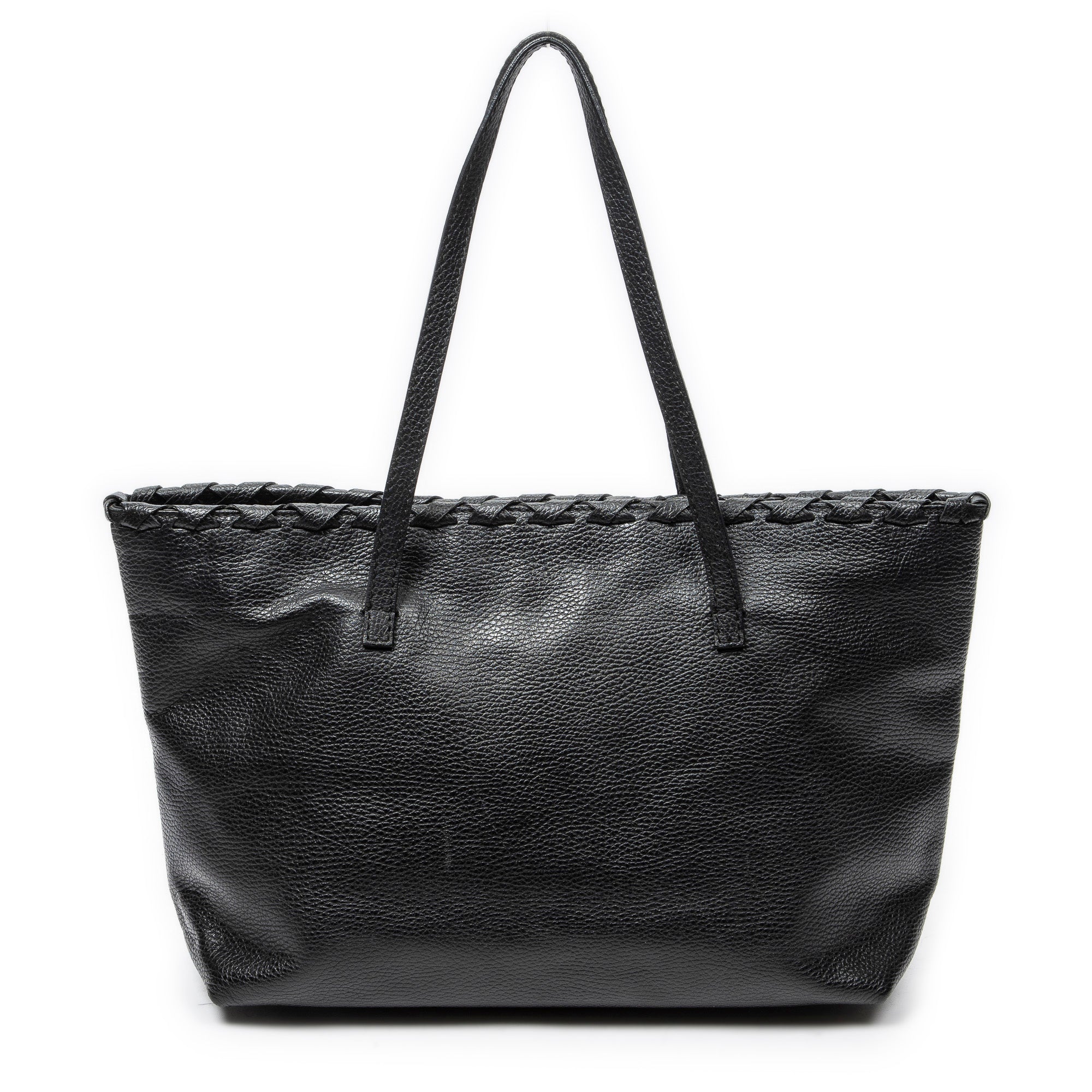 Shoulder Bag Bamboo Tassel Shopping Tote Black Grained Calfskin Leather