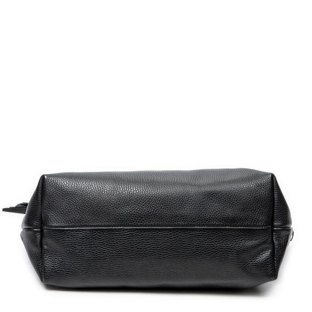 Shoulder Bag Bamboo Tassel Shopping Tote Black Grained Calfskin Leather