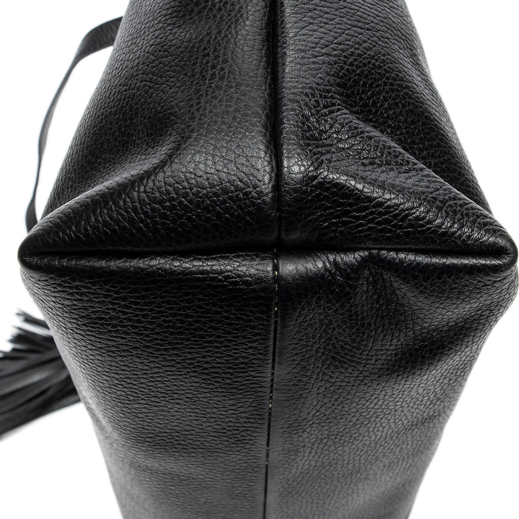 Shoulder Bag Bamboo Tassel Shopping Tote Black Grained Calfskin Leather