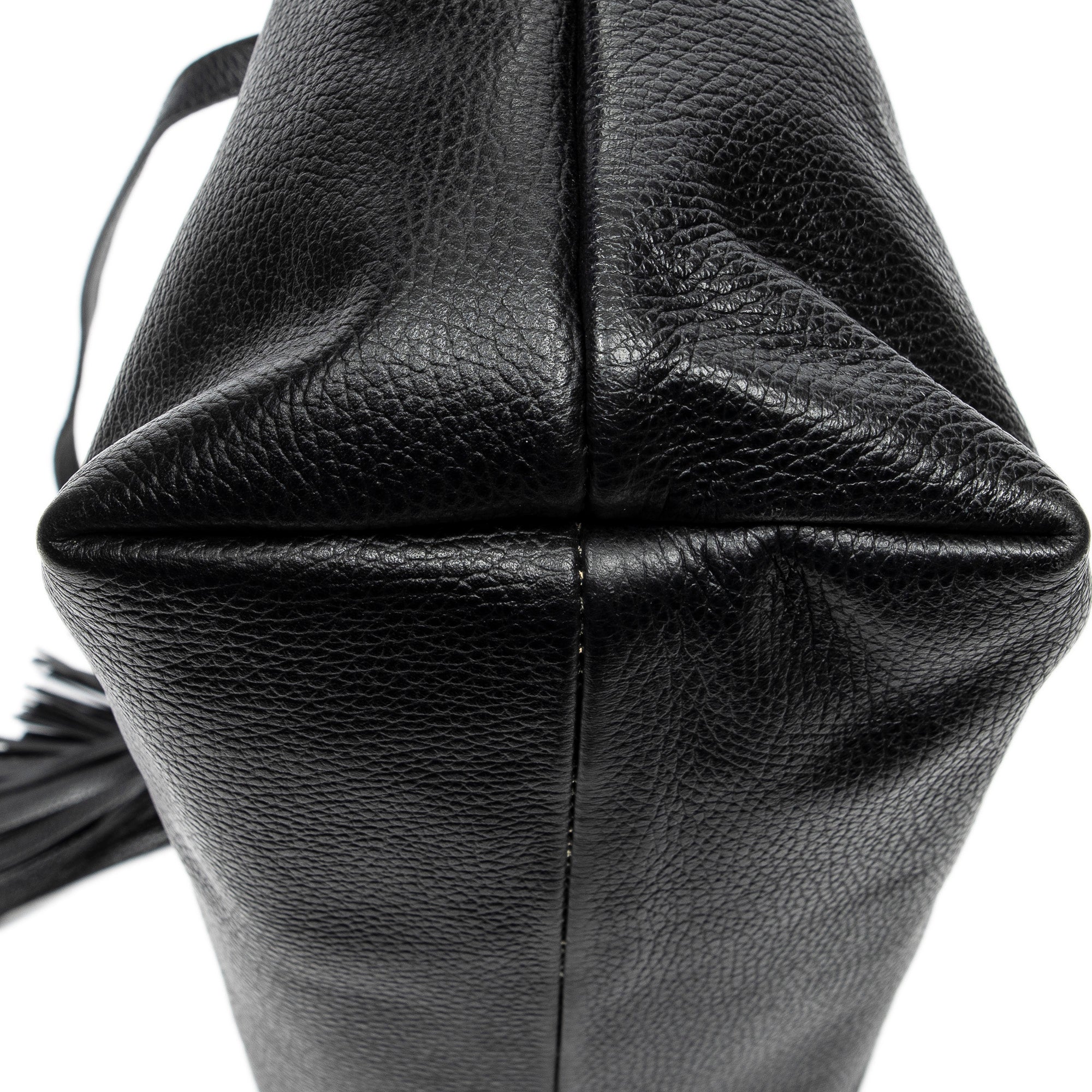 Shoulder Bag Bamboo Tassel Shopping Tote Black Grained Calfskin Leather