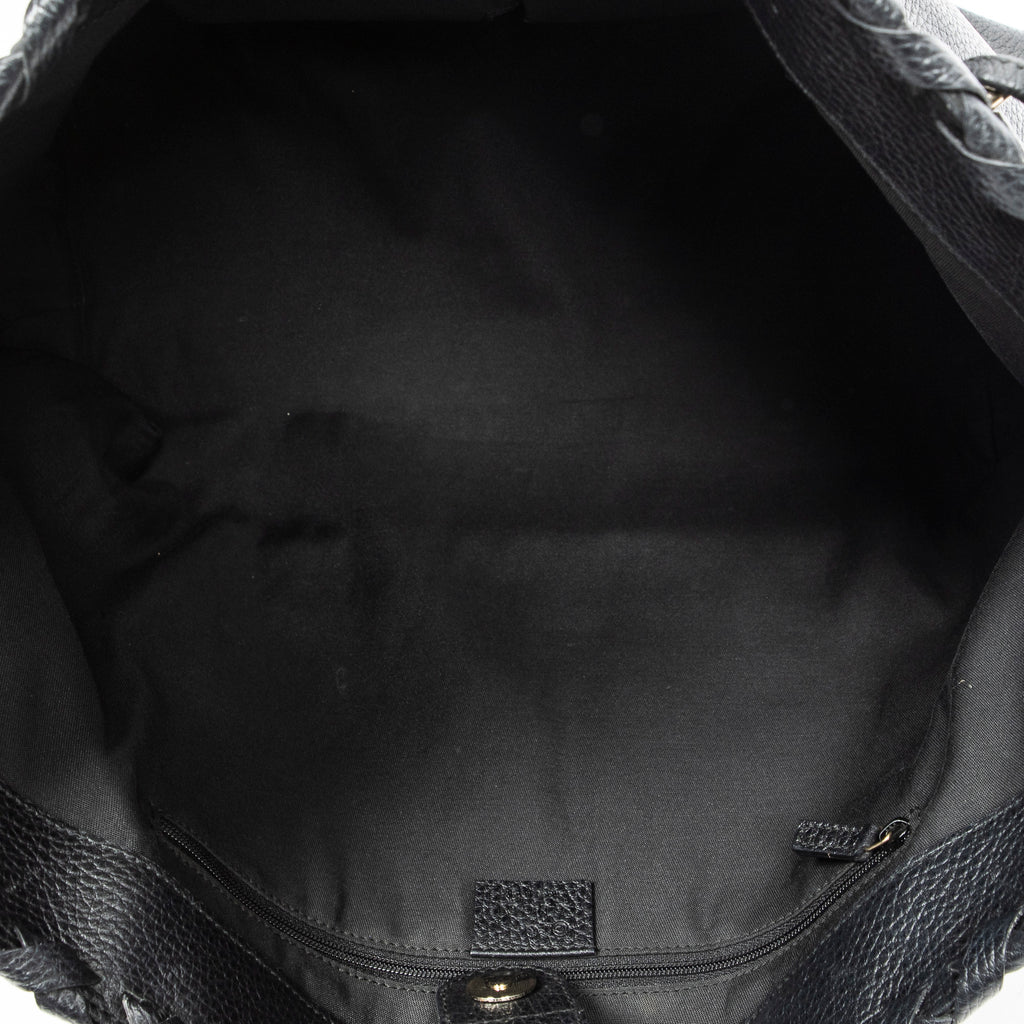 Shoulder Bag Bamboo Tassel Shopping Tote Black Grained Calfskin Leather