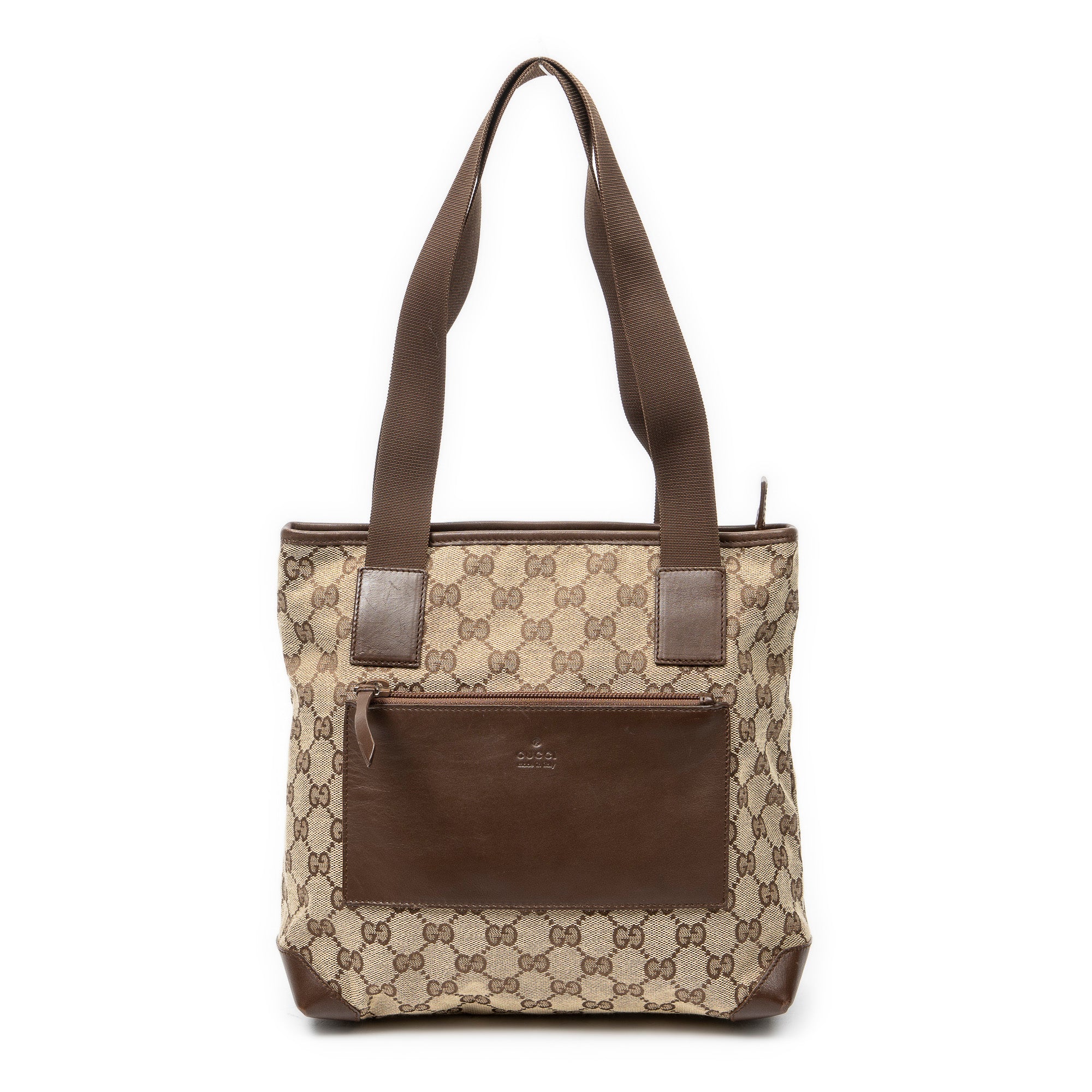 Shoulder Bag Front Pocket Zip Tote Beige Monogrammed Canvas