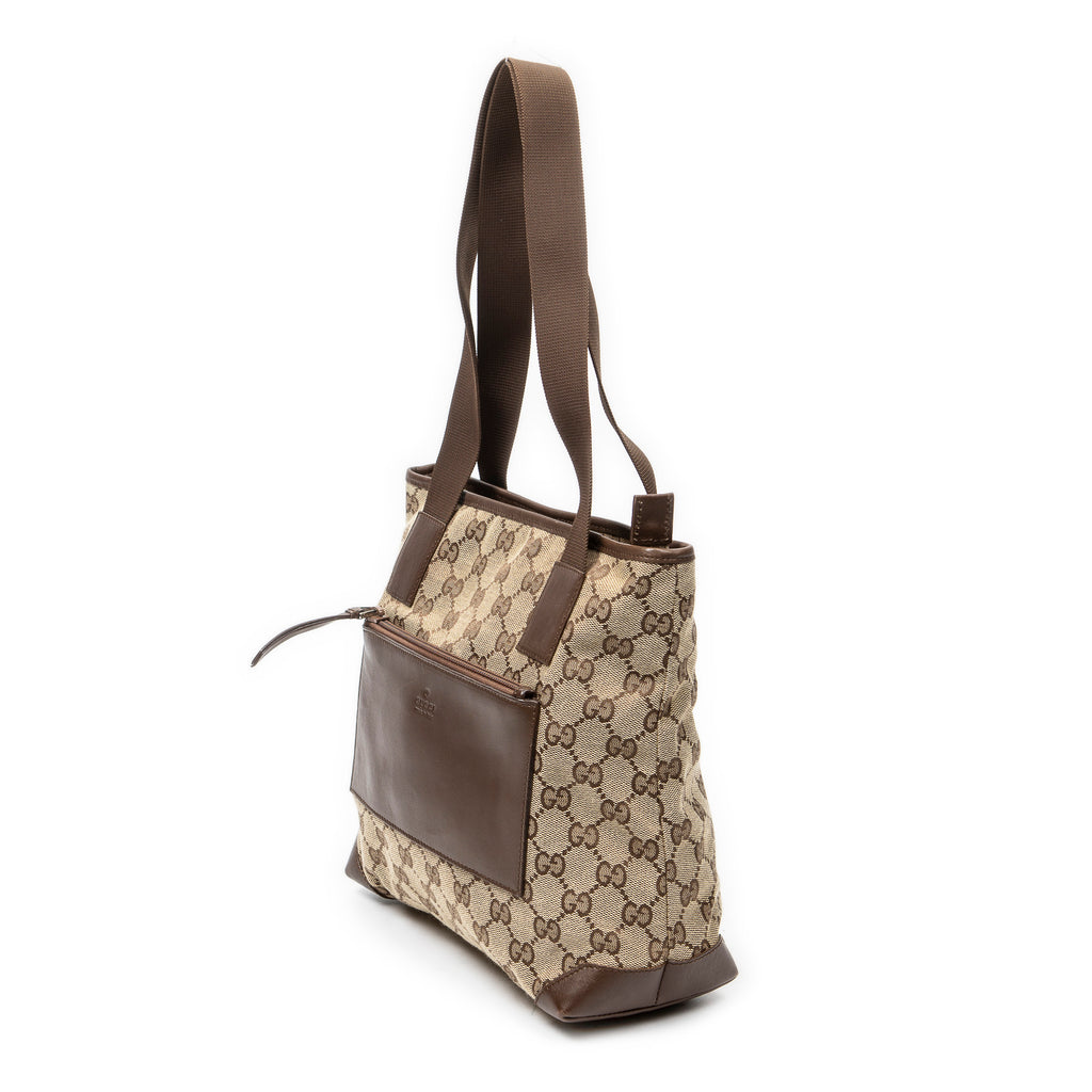 Shoulder Bag Front Pocket Zip Tote Beige Monogrammed Canvas