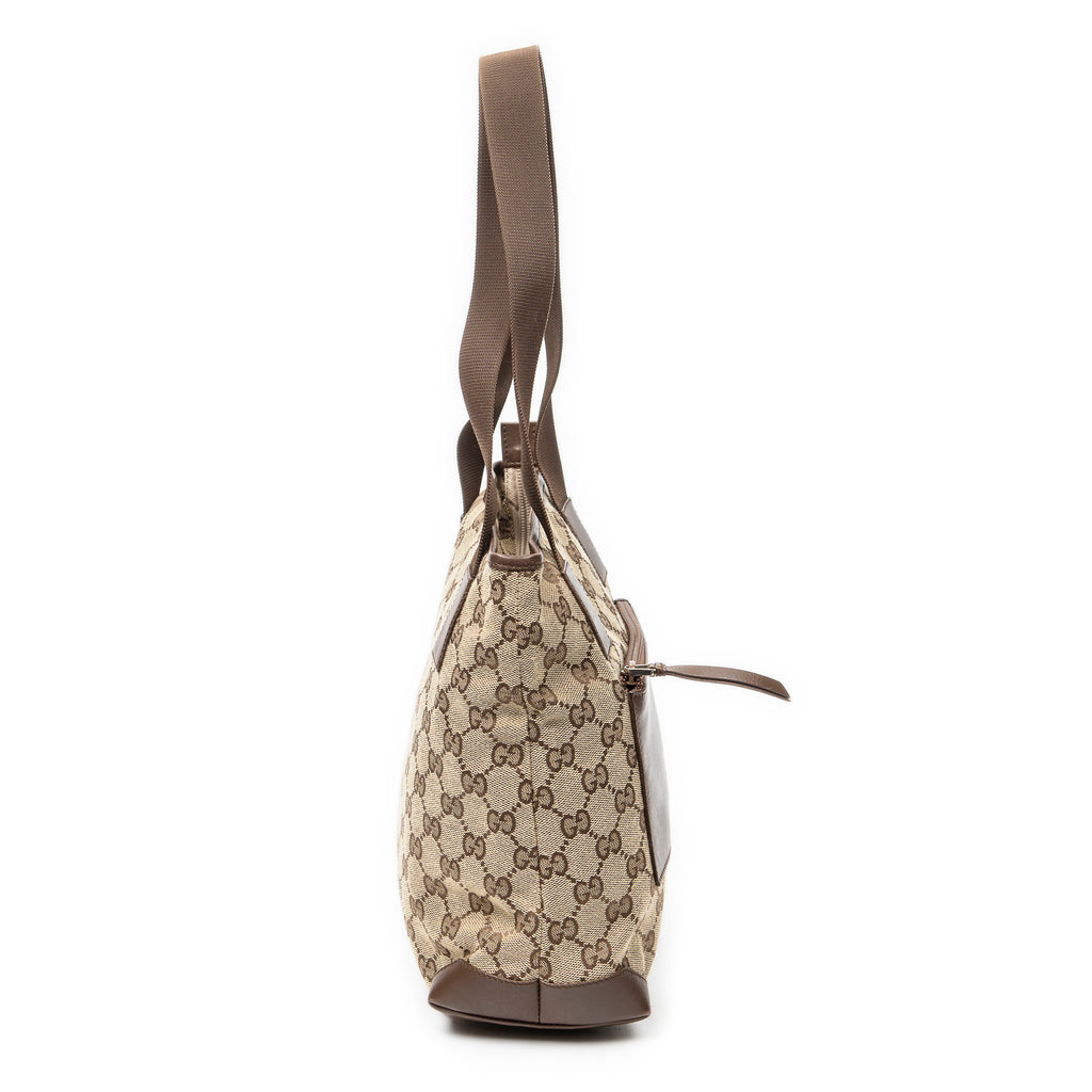 Shoulder Bag Front Pocket Zip Tote Beige Monogrammed Canvas