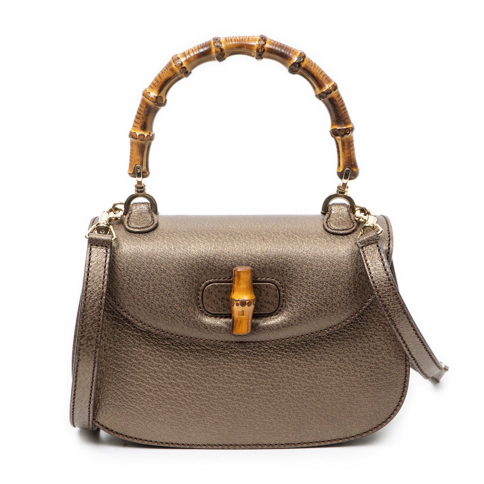 Shoulder Bag Small Bamboo Top Handle Flap Bronze Grained Calfskin Leather