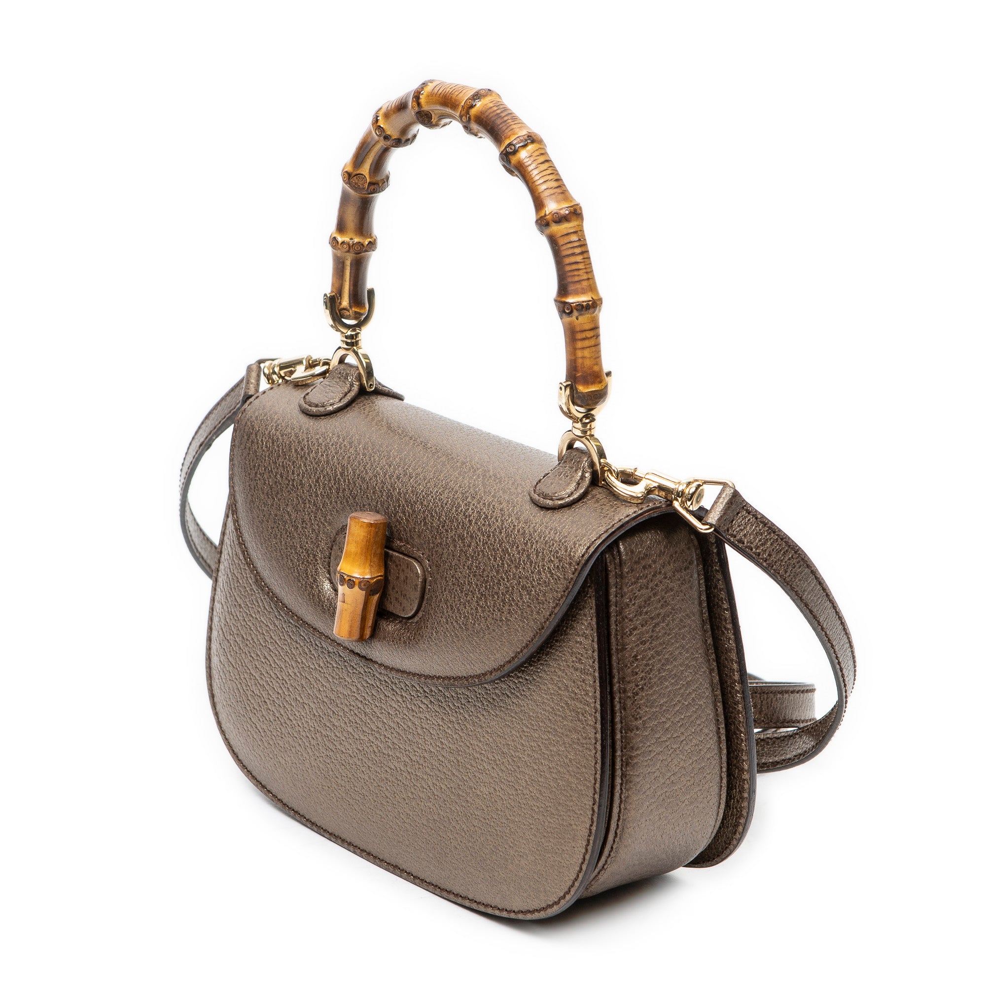 Shoulder Bag Small Bamboo Top Handle Flap Bronze Grained Calfskin Leather