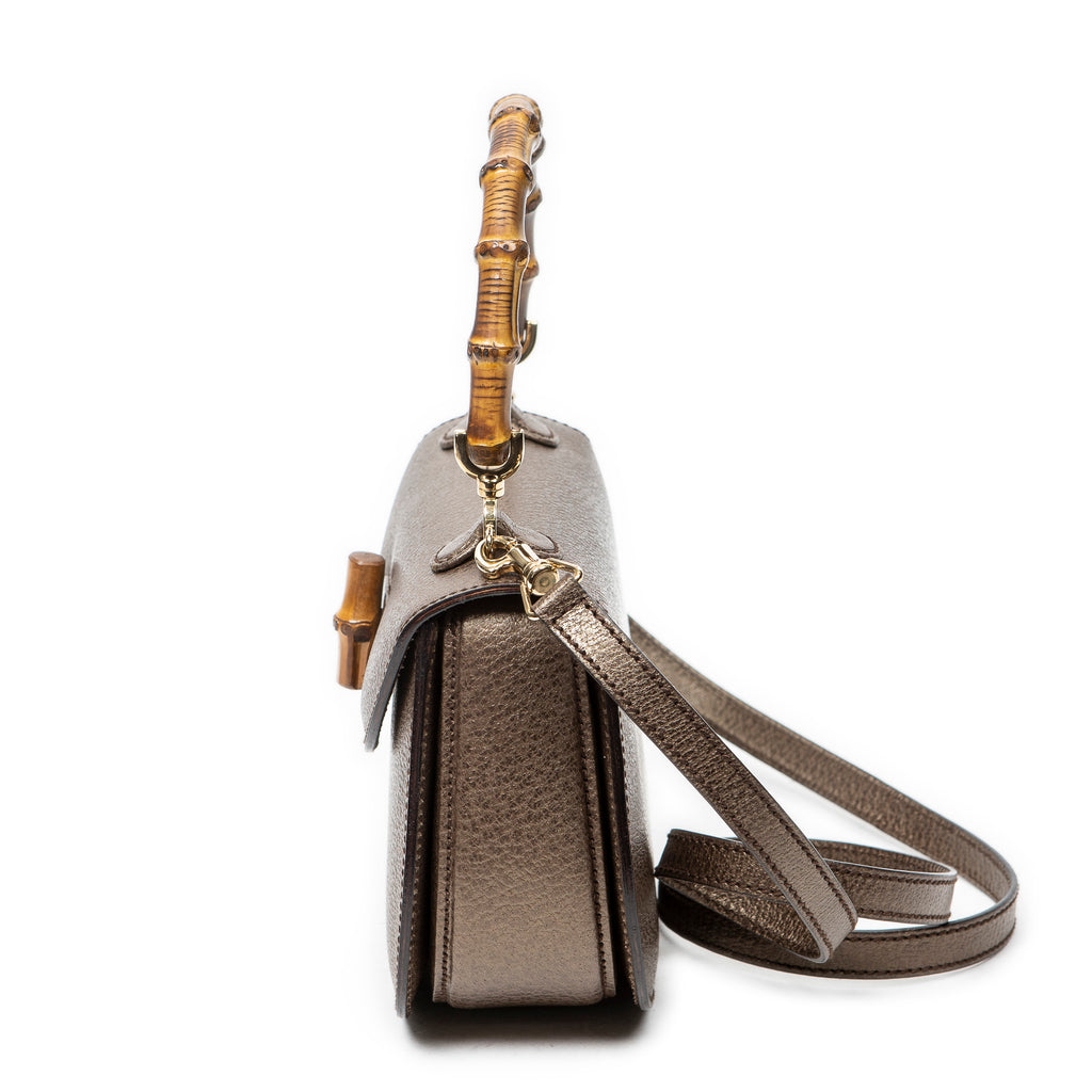 Shoulder Bag Small Bamboo Top Handle Flap Bronze Grained Calfskin Leather