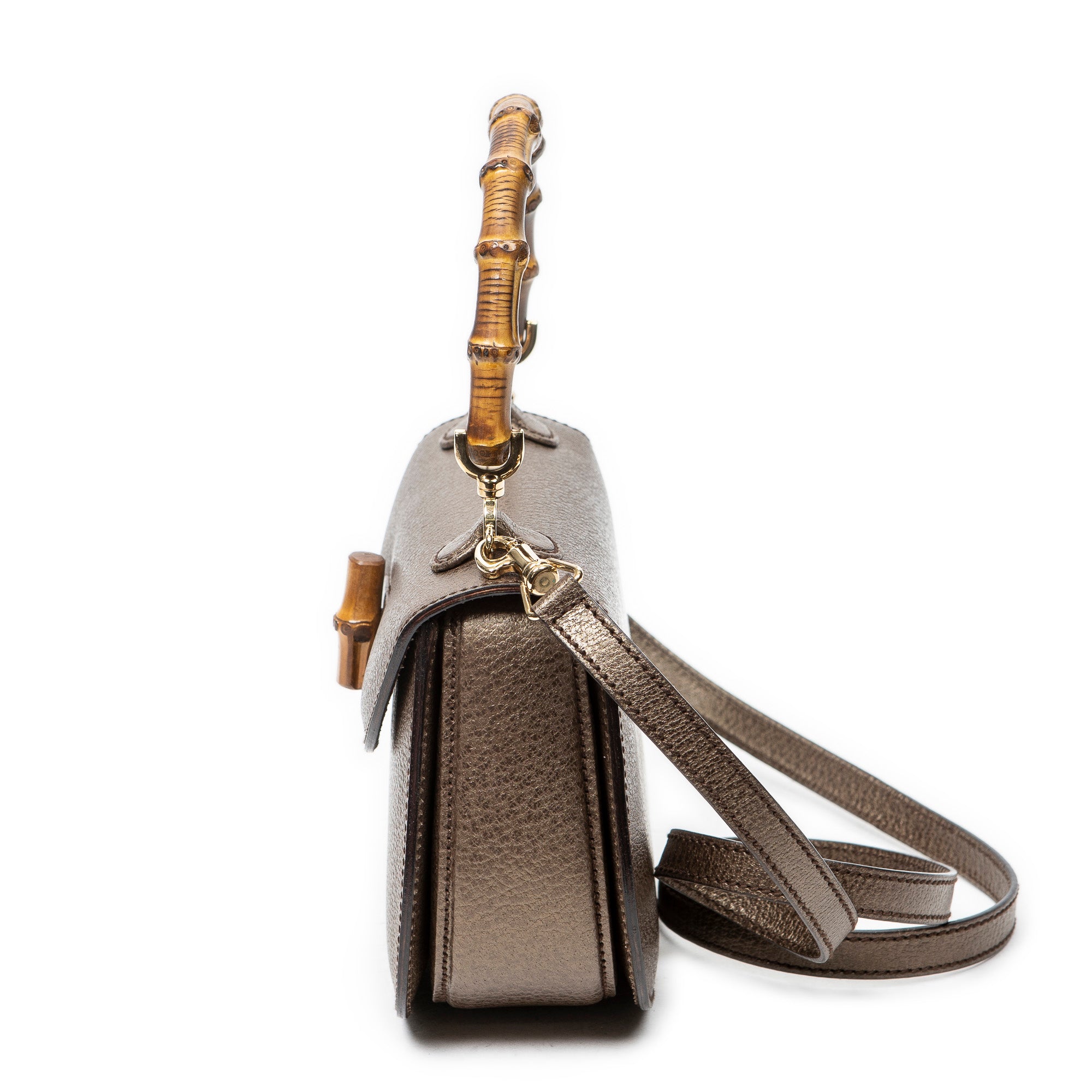 Shoulder Bag Small Bamboo Top Handle Flap Bronze Grained Calfskin Leather