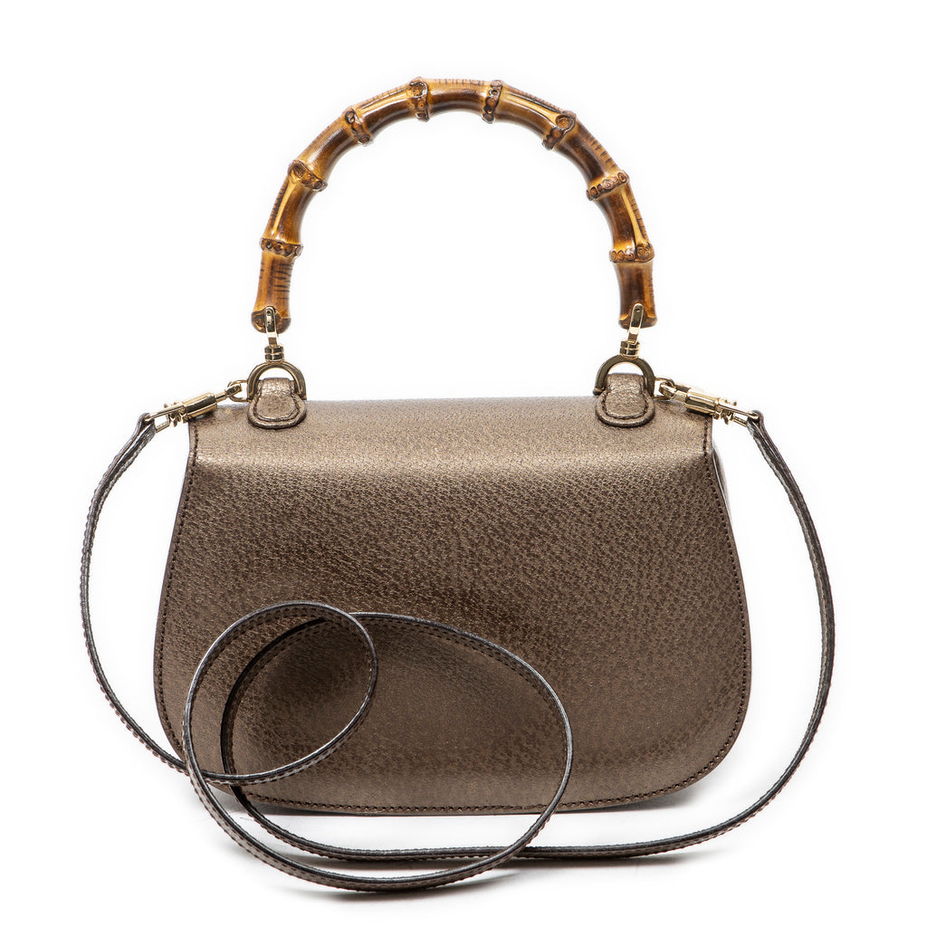 Shoulder Bag Small Bamboo Top Handle Flap Bronze Grained Calfskin Leather