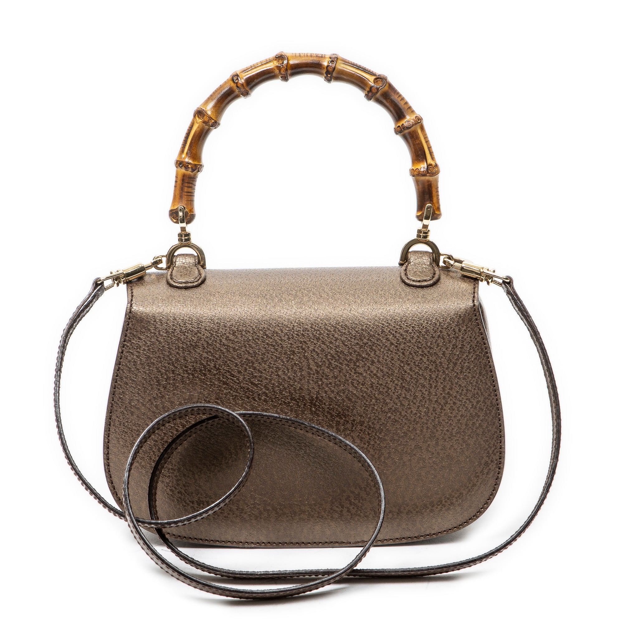 Shoulder Bag Small Bamboo Top Handle Flap Bronze Grained Calfskin Leather