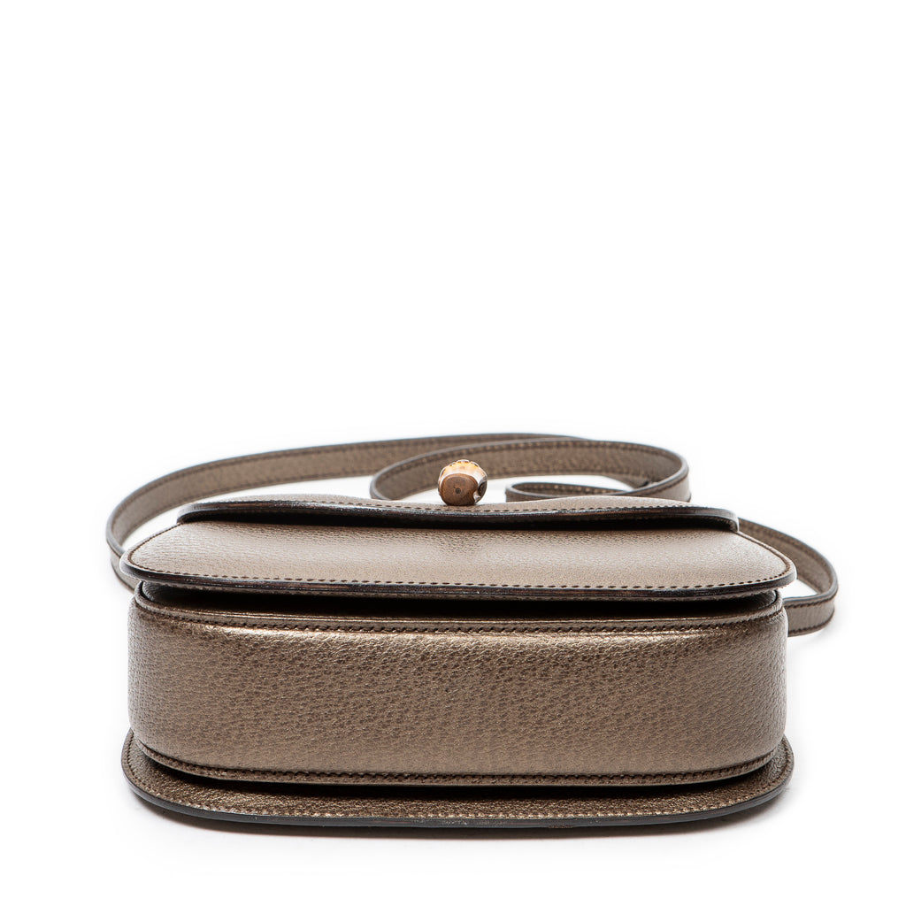 Shoulder Bag Small Bamboo Top Handle Flap Bronze Grained Calfskin Leather