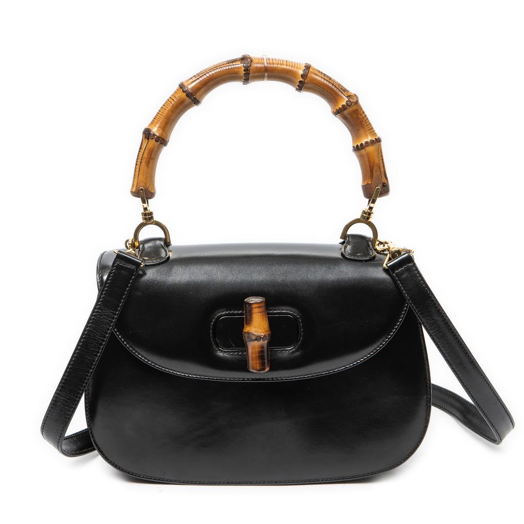 Shoulder Bag Medium Bamboo Top Handle Flap Black Smooth Calfskin Leather