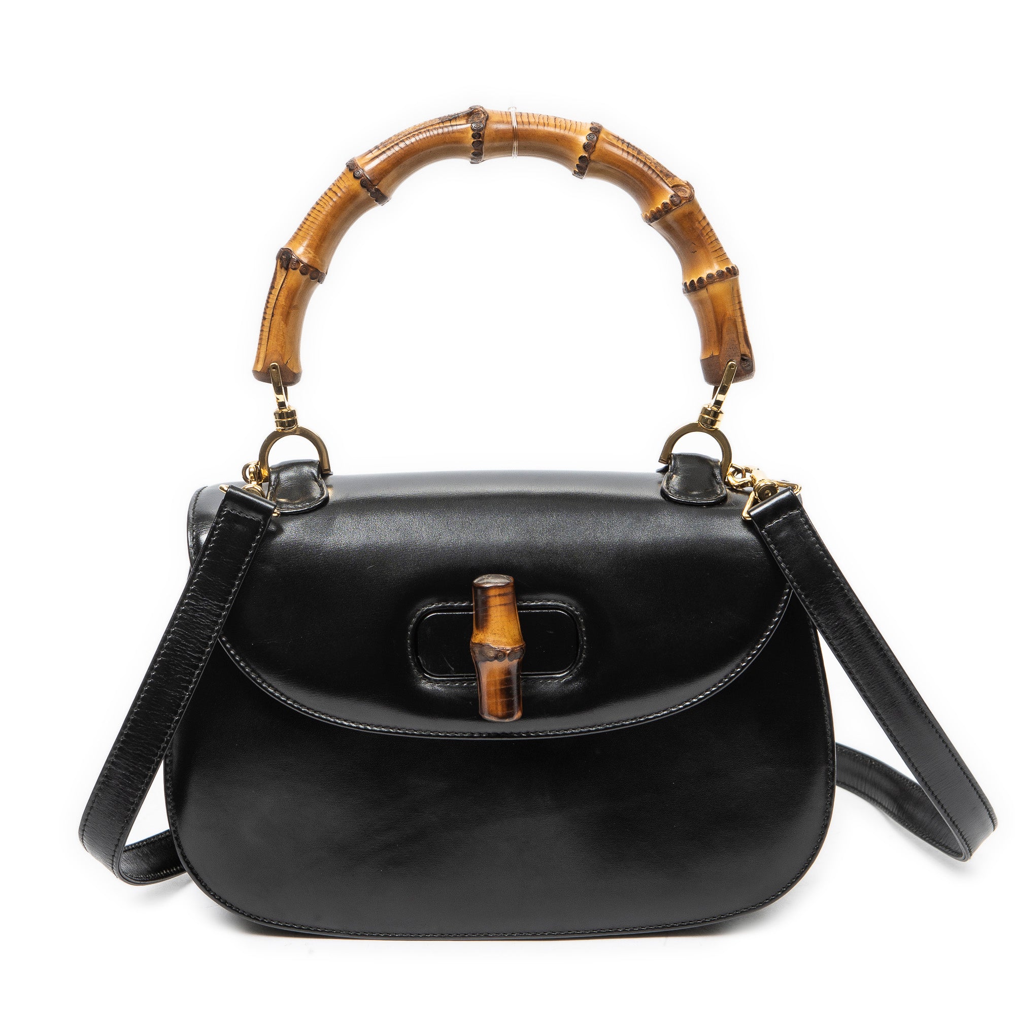 Shoulder Bag Medium Bamboo Top Handle Flap Black Smooth Calfskin Leather