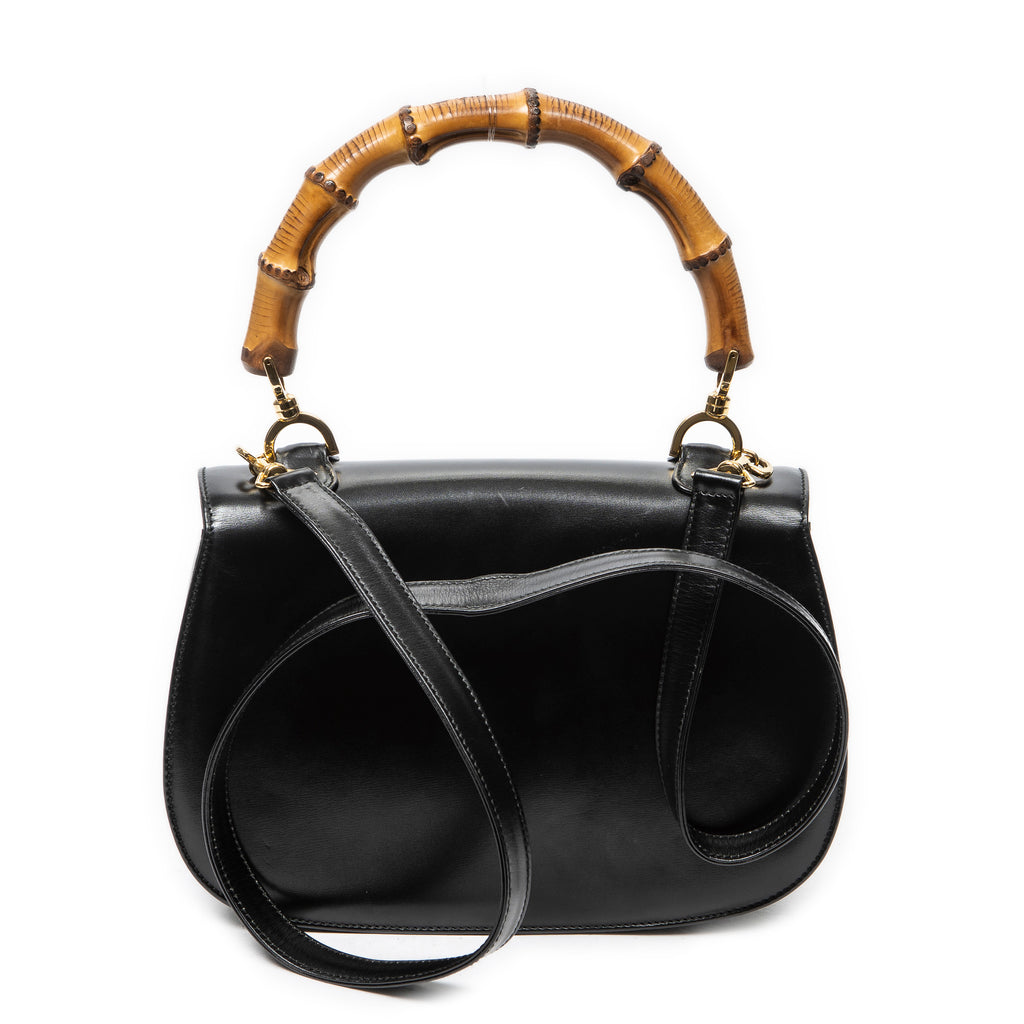 Shoulder Bag Medium Bamboo Top Handle Flap Black Smooth Calfskin Leather