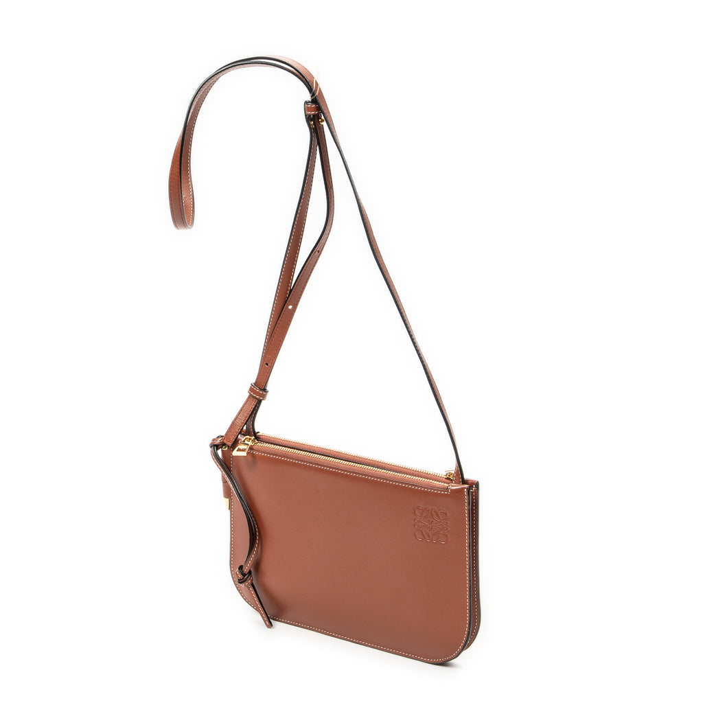 Shoulder Bag Gate Double Zip Pouch Crossbody Brown Calfskin Leather