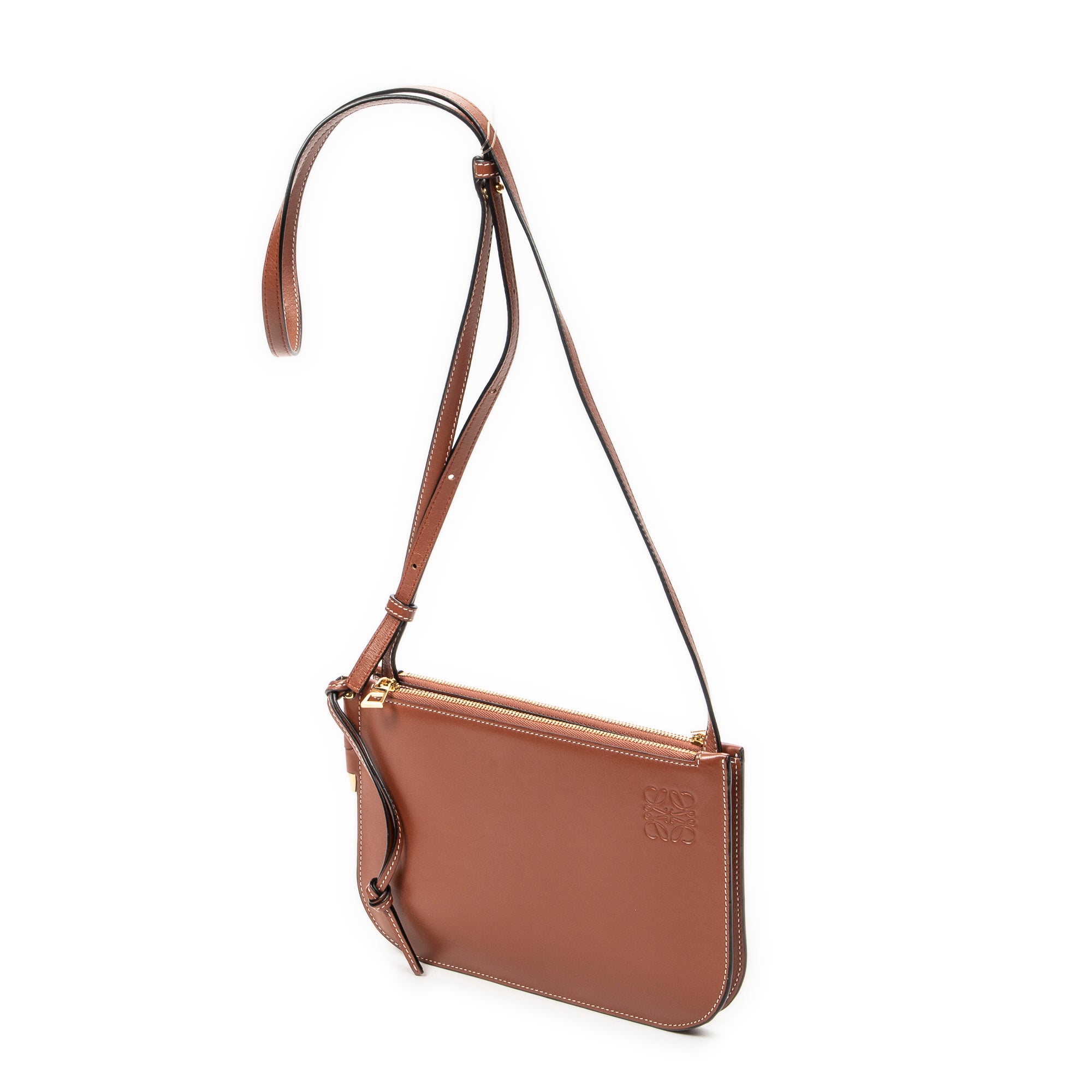 Shoulder Bag Gate Double Zip Pouch Crossbody Brown Calfskin Leather