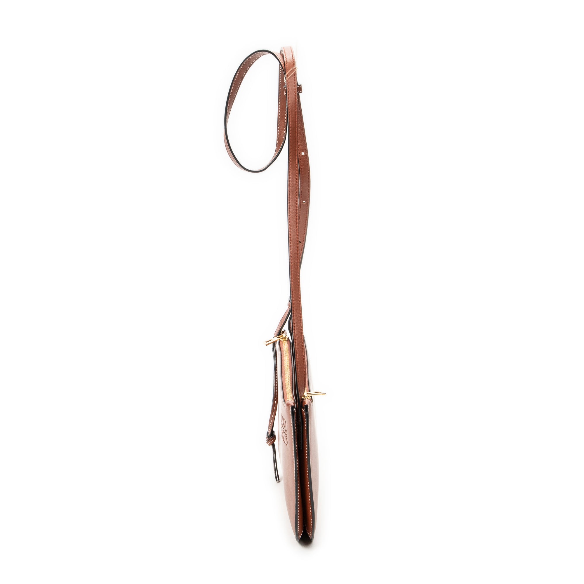 Shoulder Bag Gate Double Zip Pouch Crossbody Brown Calfskin Leather