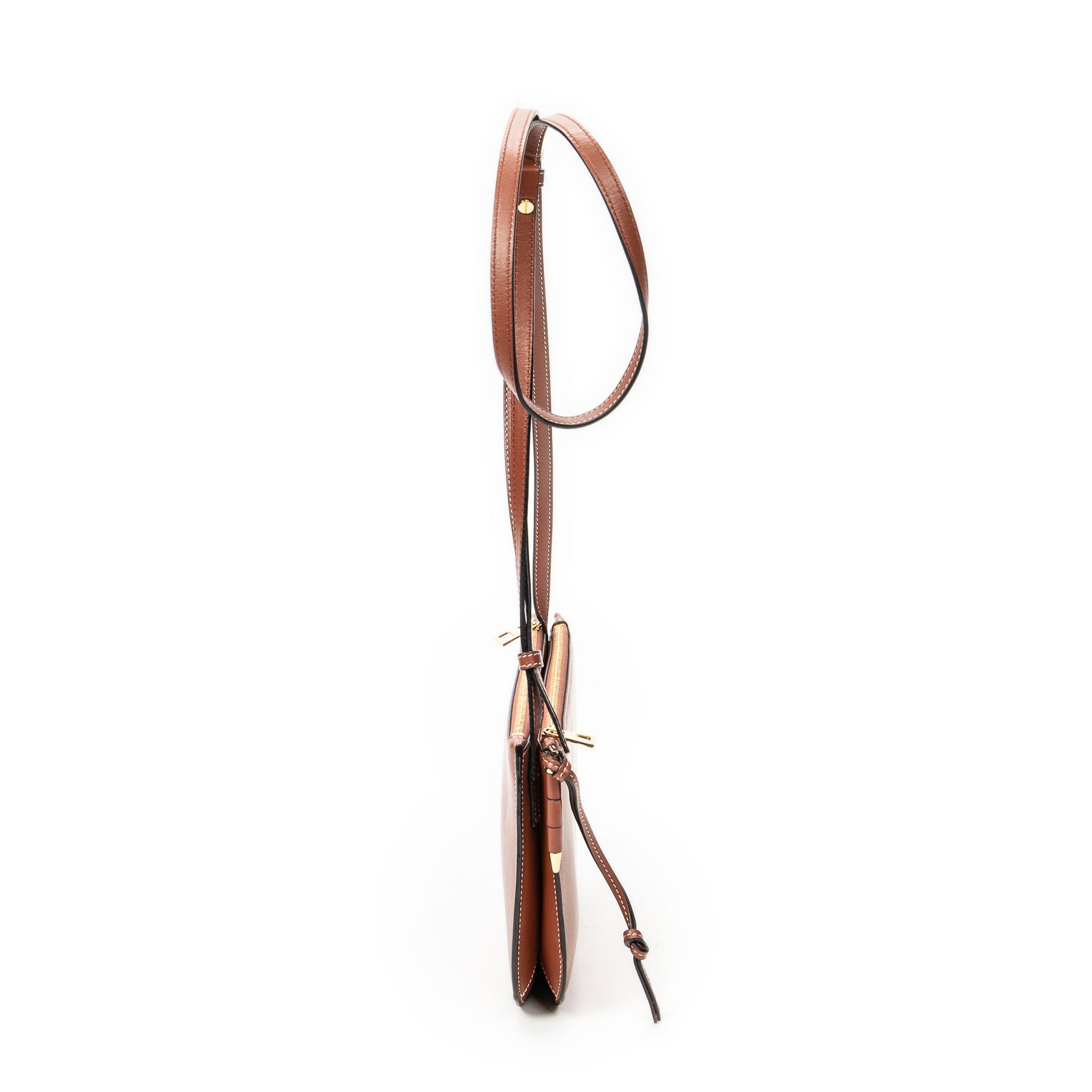 Shoulder Bag Gate Double Zip Pouch Crossbody Brown Calfskin Leather