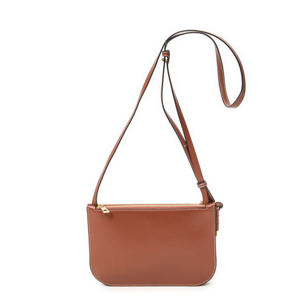 Shoulder Bag Gate Double Zip Pouch Crossbody Brown Calfskin Leather
