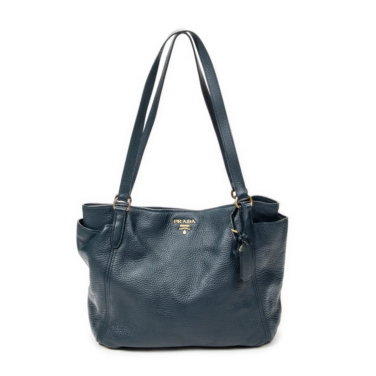Sac porté épaule, poche latérale, cabas, cuir de veau Phenix bleu foncé