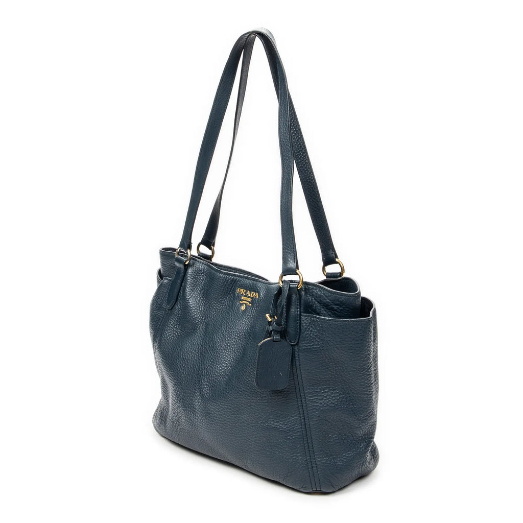 Sac porté épaule, poche latérale, cabas, cuir de veau Phenix bleu foncé