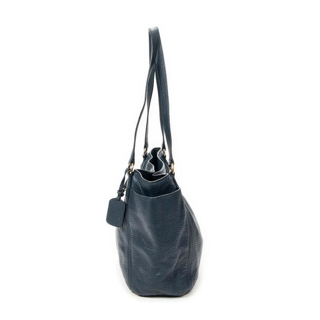 Sac porté épaule, poche latérale, cabas, cuir de veau Phenix bleu foncé