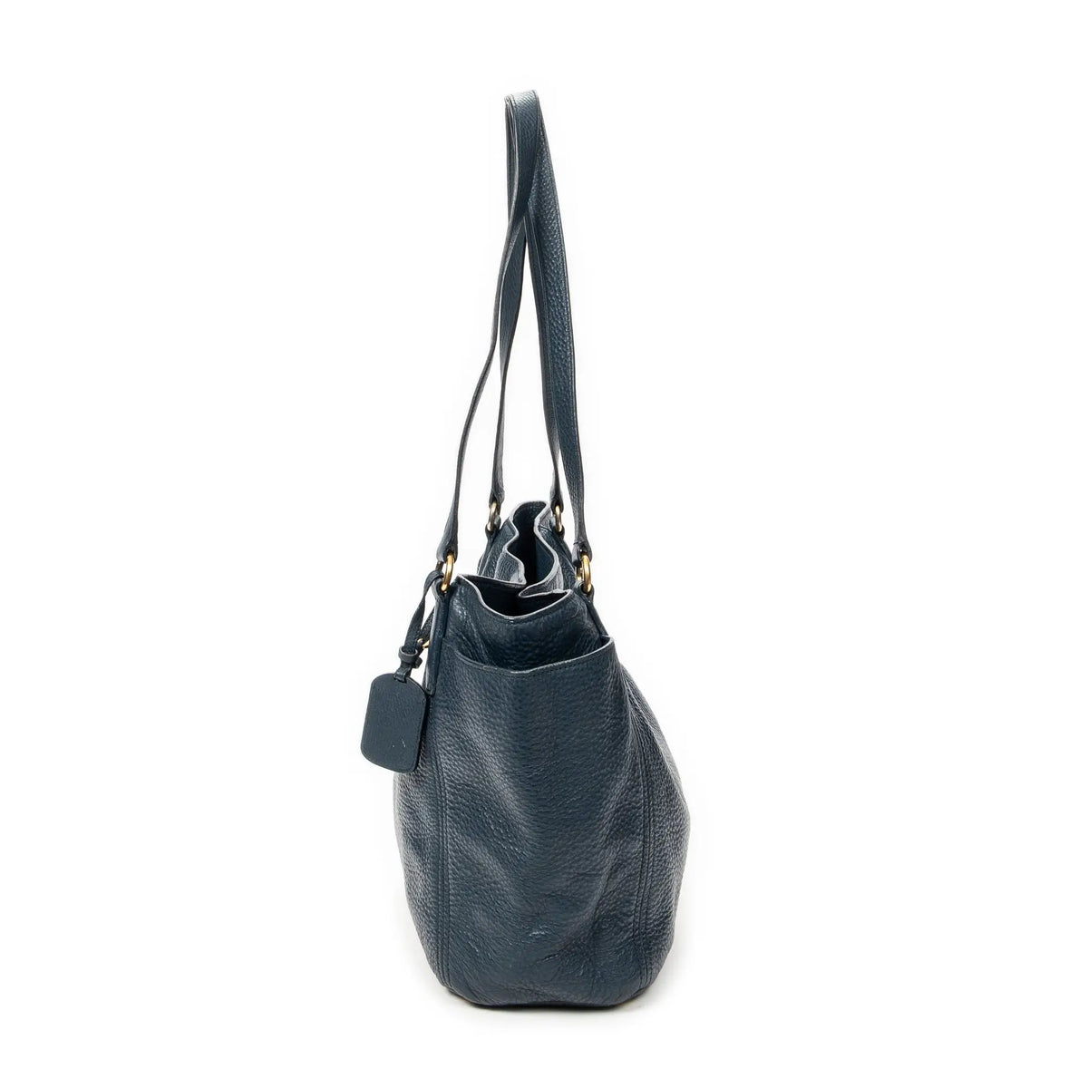 Sac porté épaule, poche latérale, cabas, cuir de veau Phenix bleu foncé