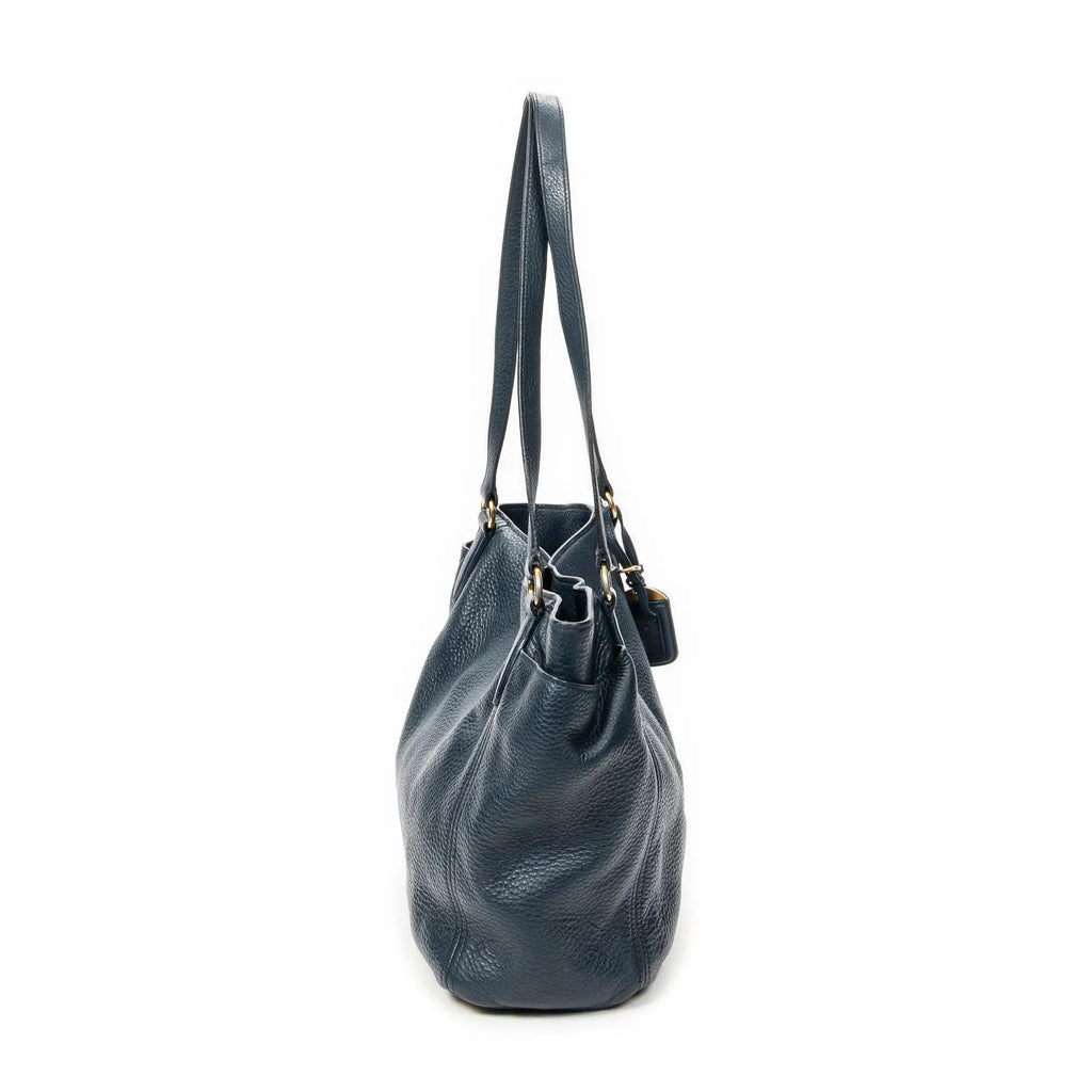 Sac porté épaule, poche latérale, cabas, cuir de veau Phenix bleu foncé