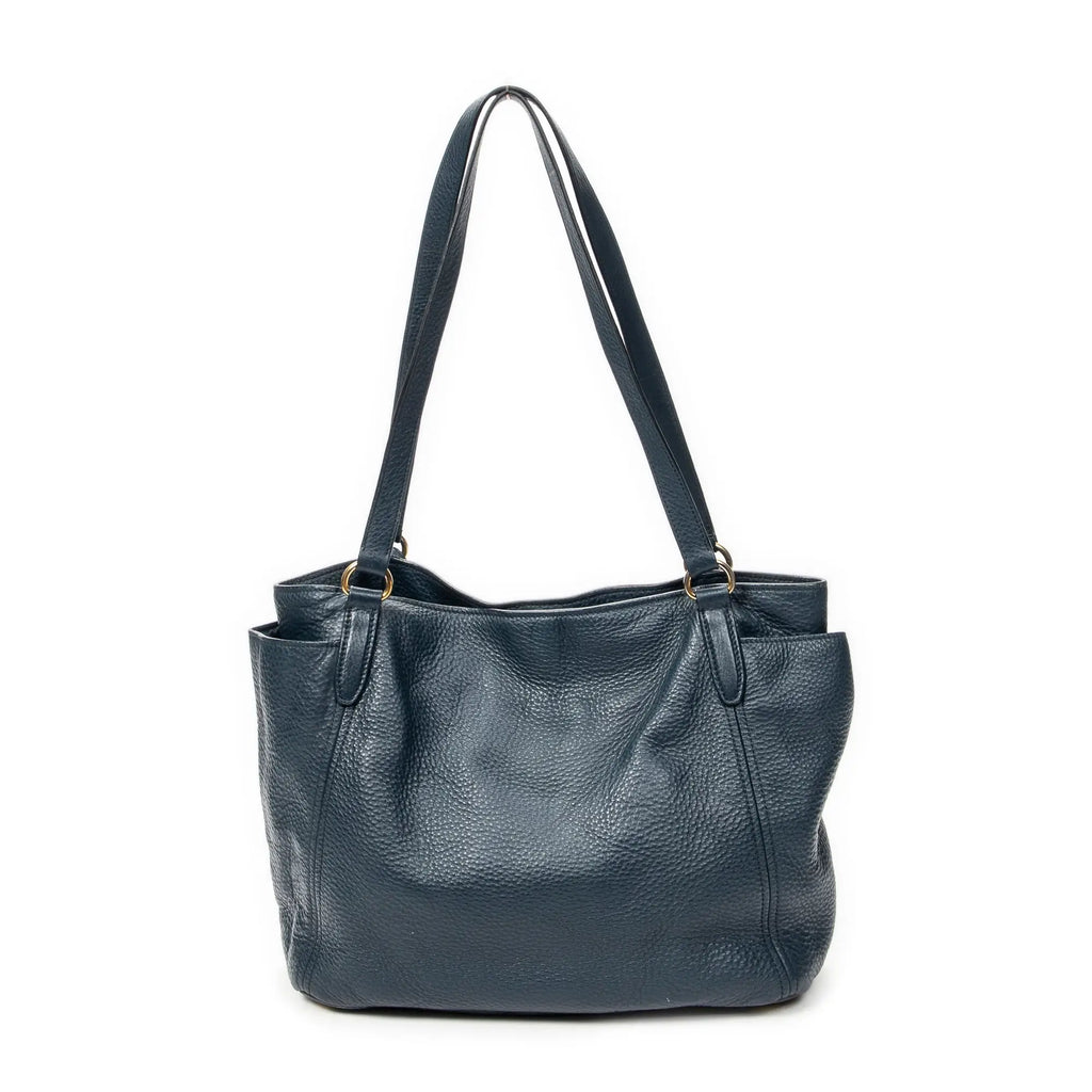 Sac porté épaule, poche latérale, cabas, cuir de veau Phenix bleu foncé